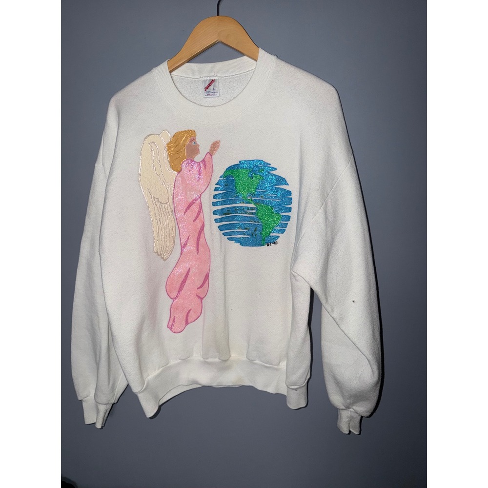 Vintage Angel Globe Sweatshirt‎ Jerzees Crewneck Top L 90s Graphic